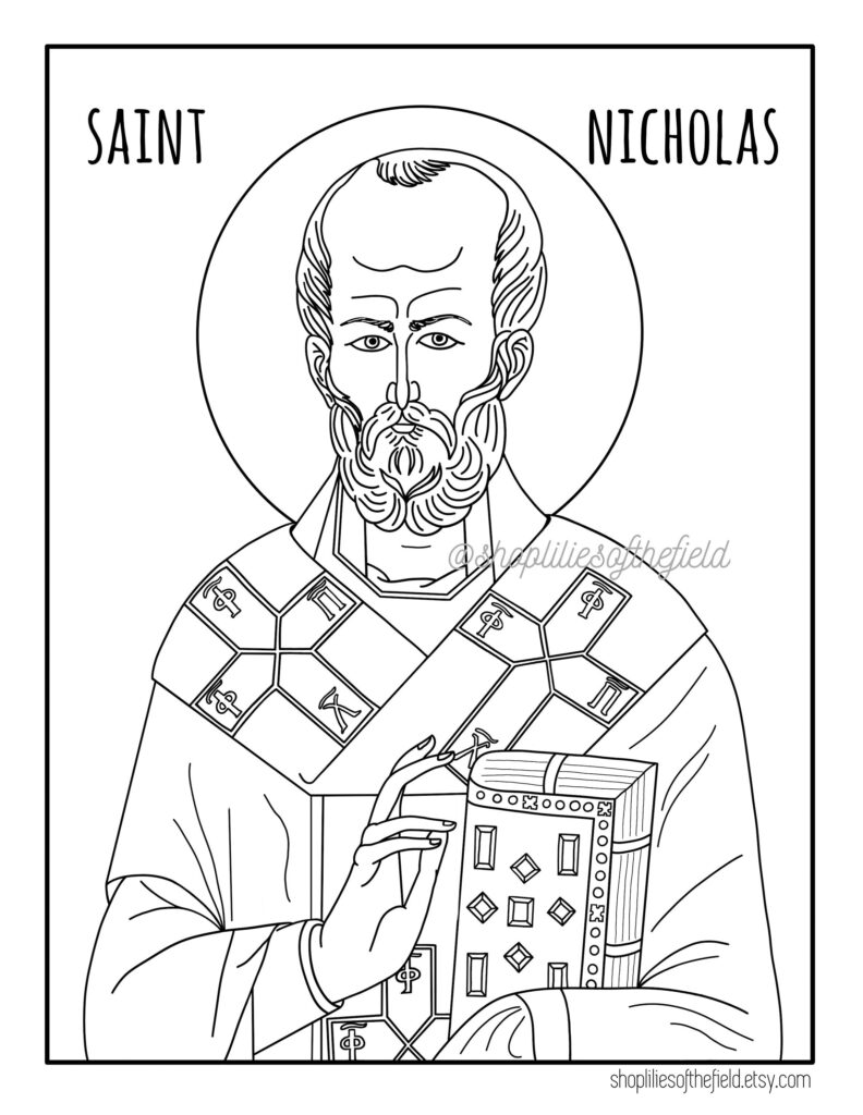 Line drawing of Saint Nicholas holding a book, with halo