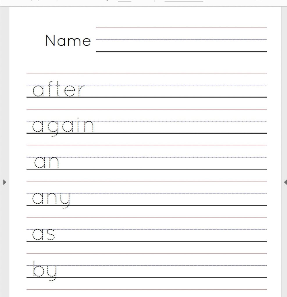 Handwriting worksheet with name and traced words