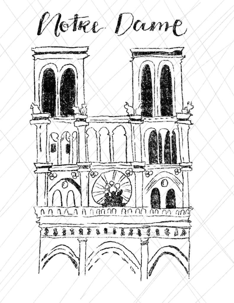 Black-and-white Notre Dame cathedral sketch with text