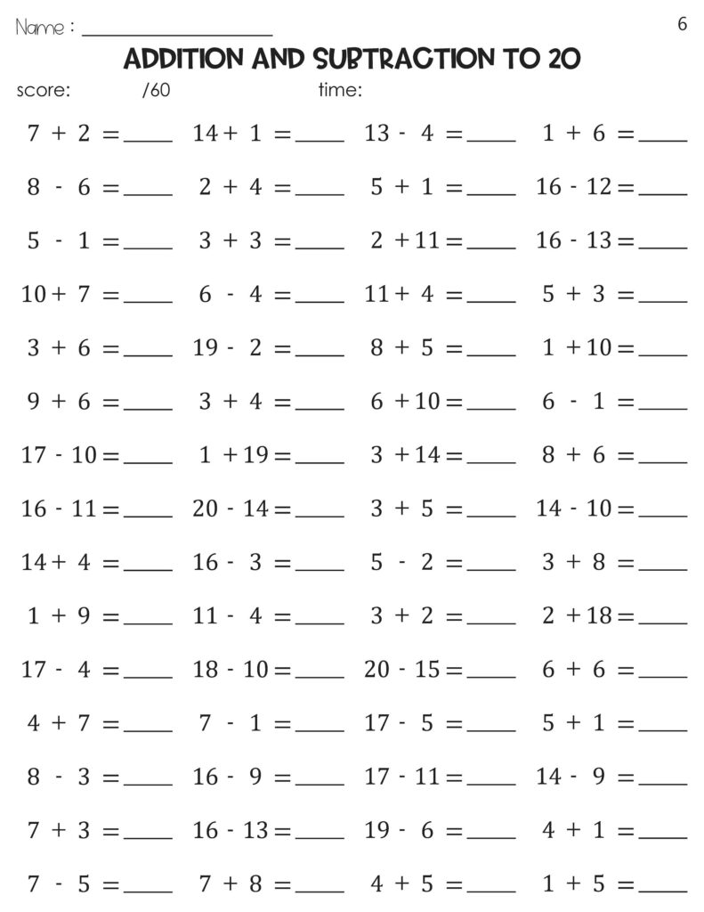 Math worksheet with addition and subtraction problems to 20