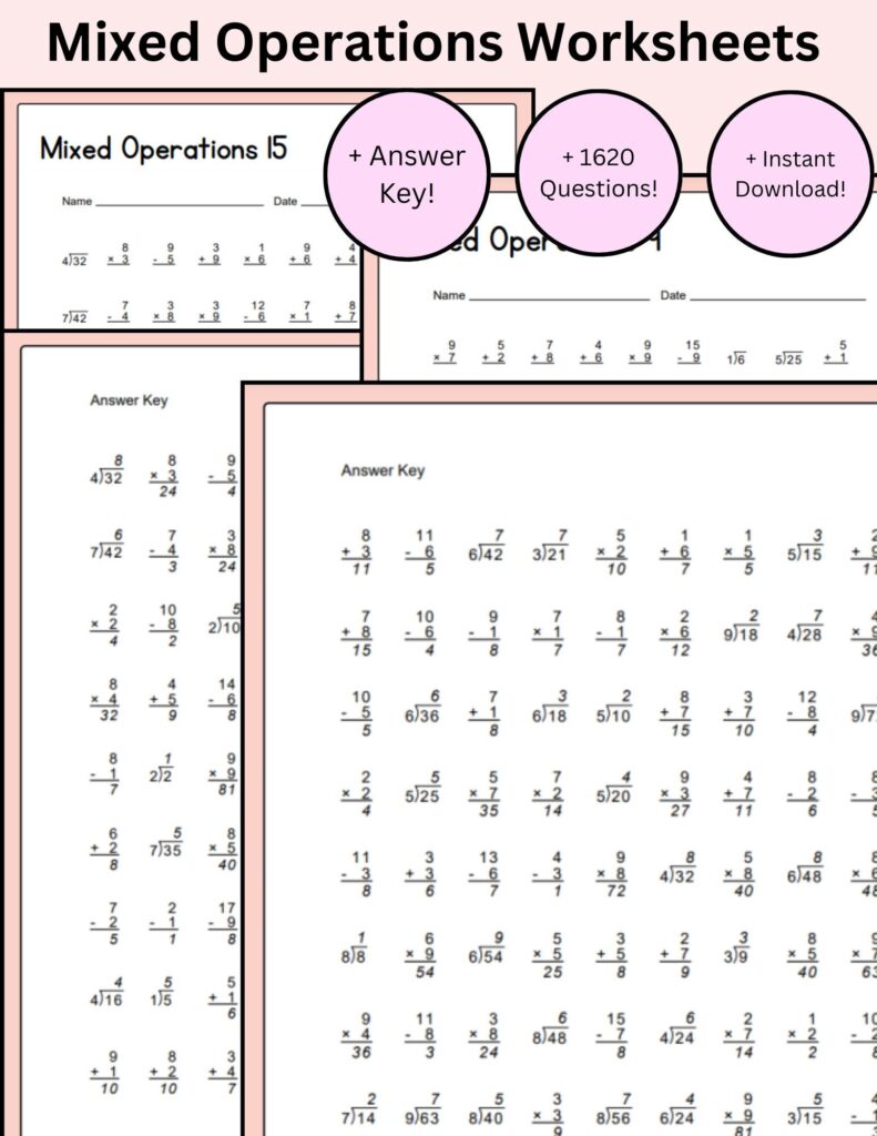 Mixed operations worksheet pages with answer keys and bubbles