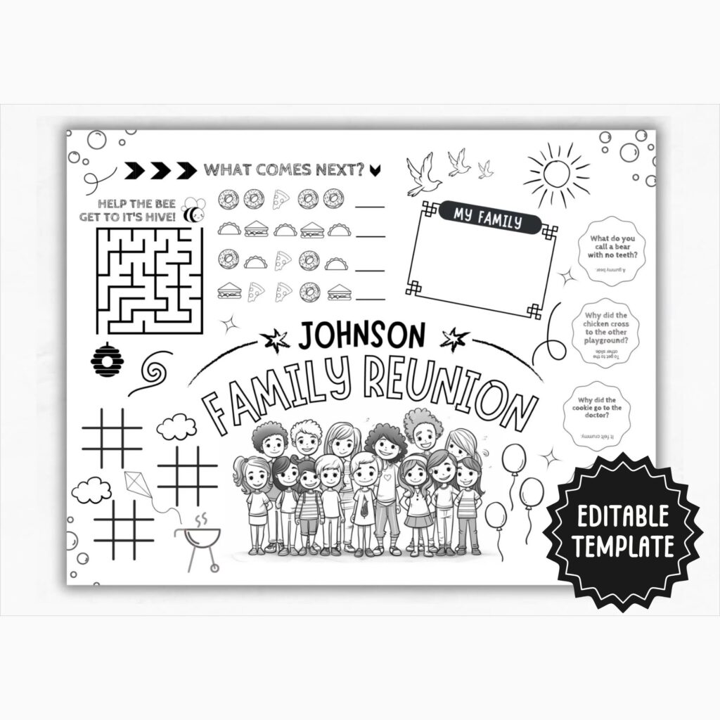 Black-and-white family reunion activity sheet with cartoon children