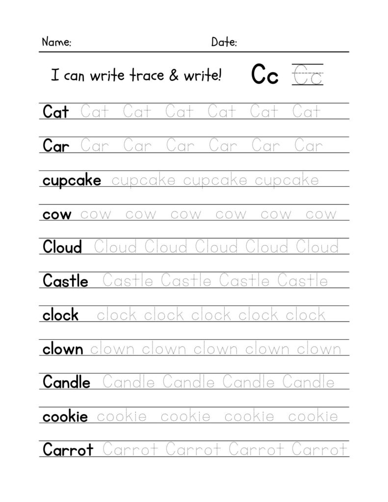 Alphabet tracing worksheet with C words and lines