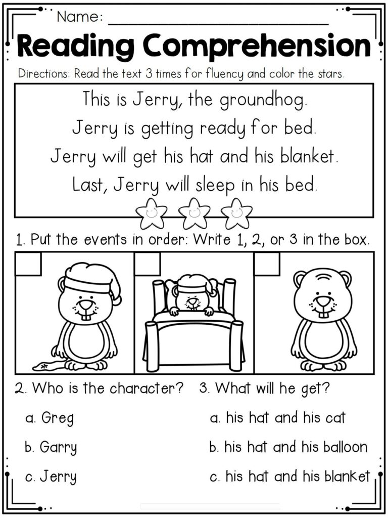 Reading comprehension worksheet with groundhog pictures and questions
