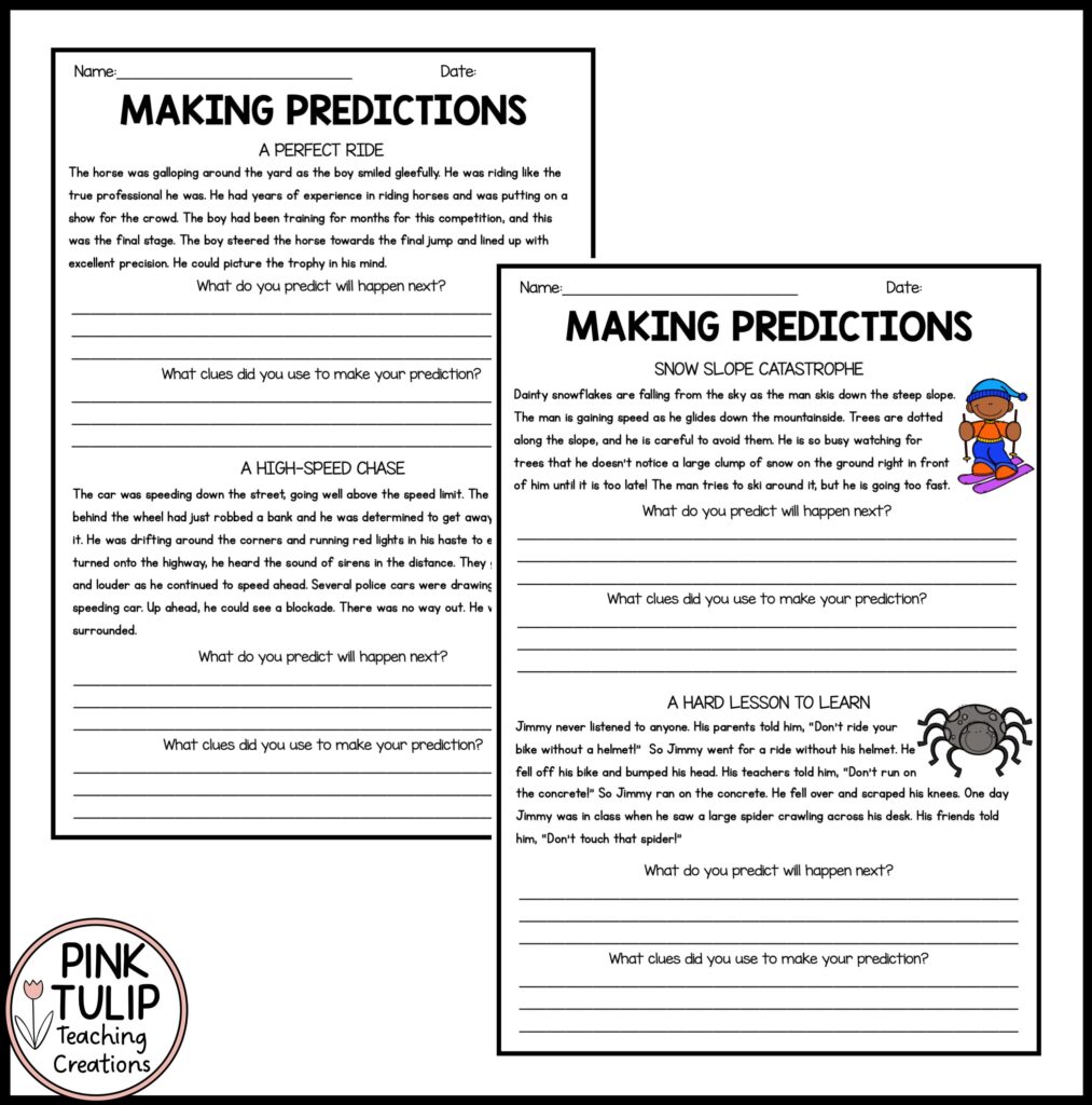 Two making predictions worksheets with reading passages and lines
