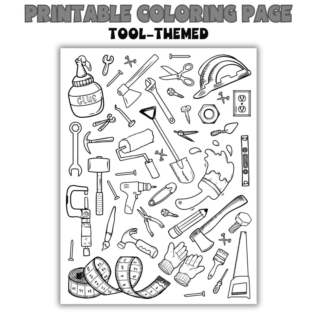 Tool-themed printable coloring page with assorted hand tools
