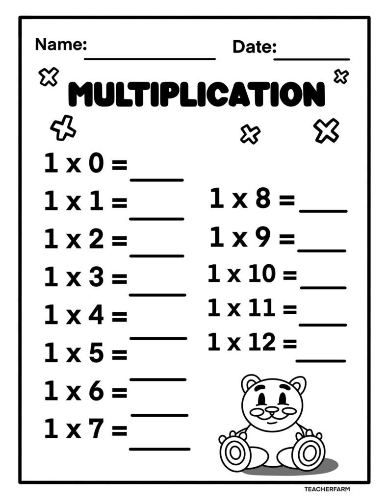 Black-and-white multiplication worksheet with bear illustration