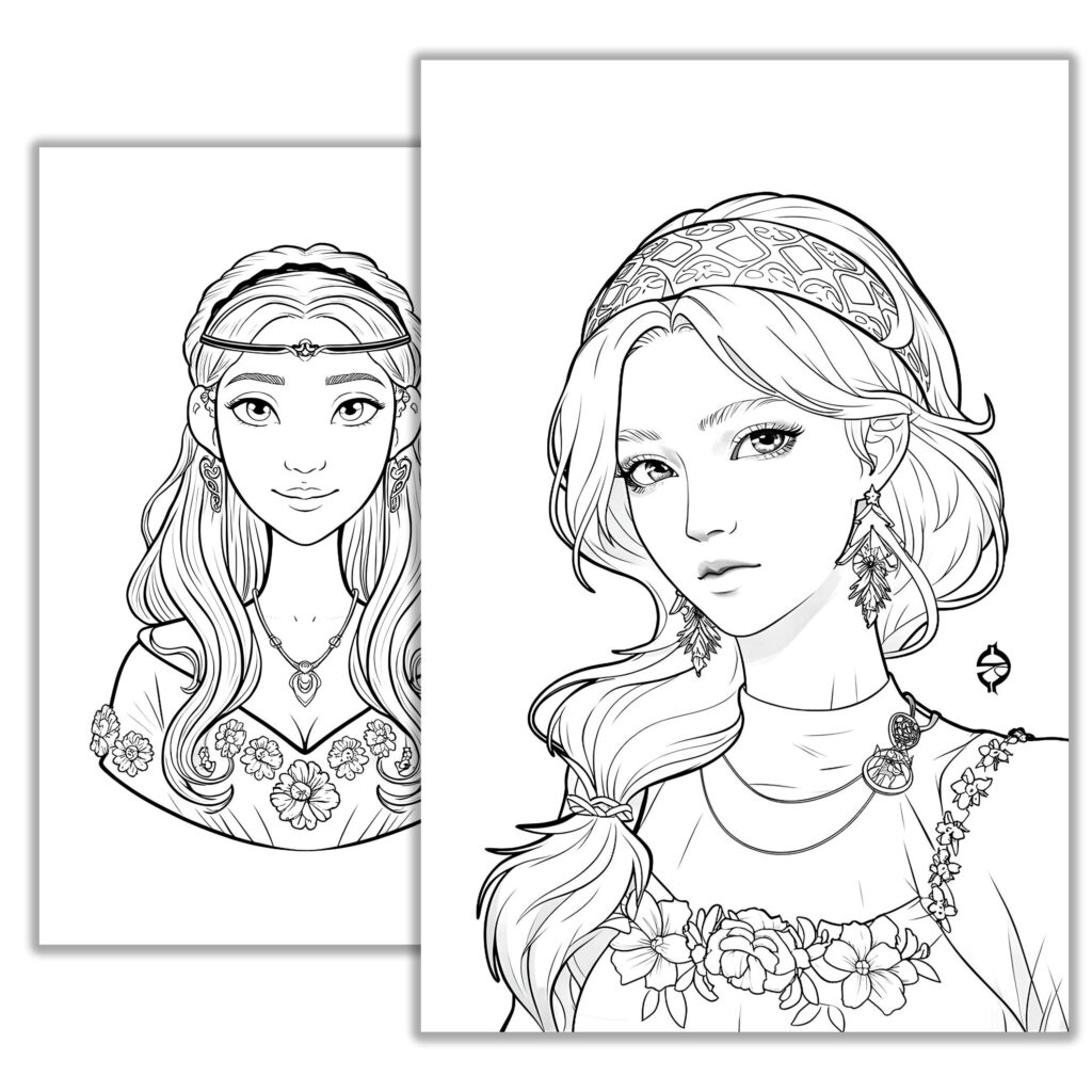 Two line-art portraits of decorated young women