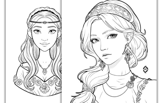 Two line-art portraits of decorated young women