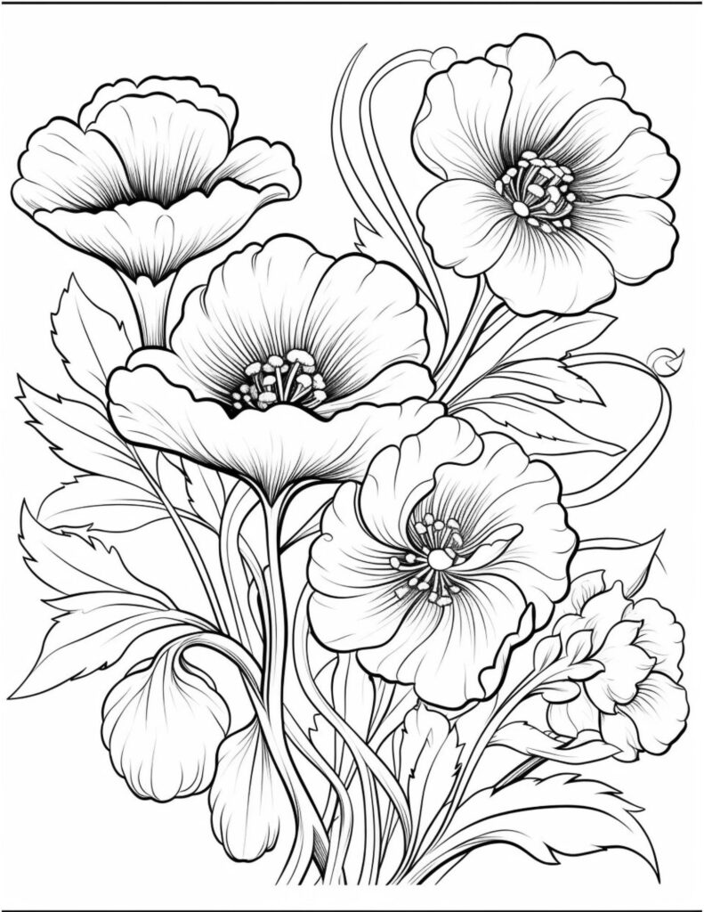 Black-and-white line drawing of flowering poppies with leaves