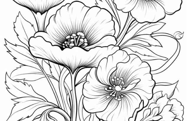 Black and white line drawing of blooming flowers and leaves