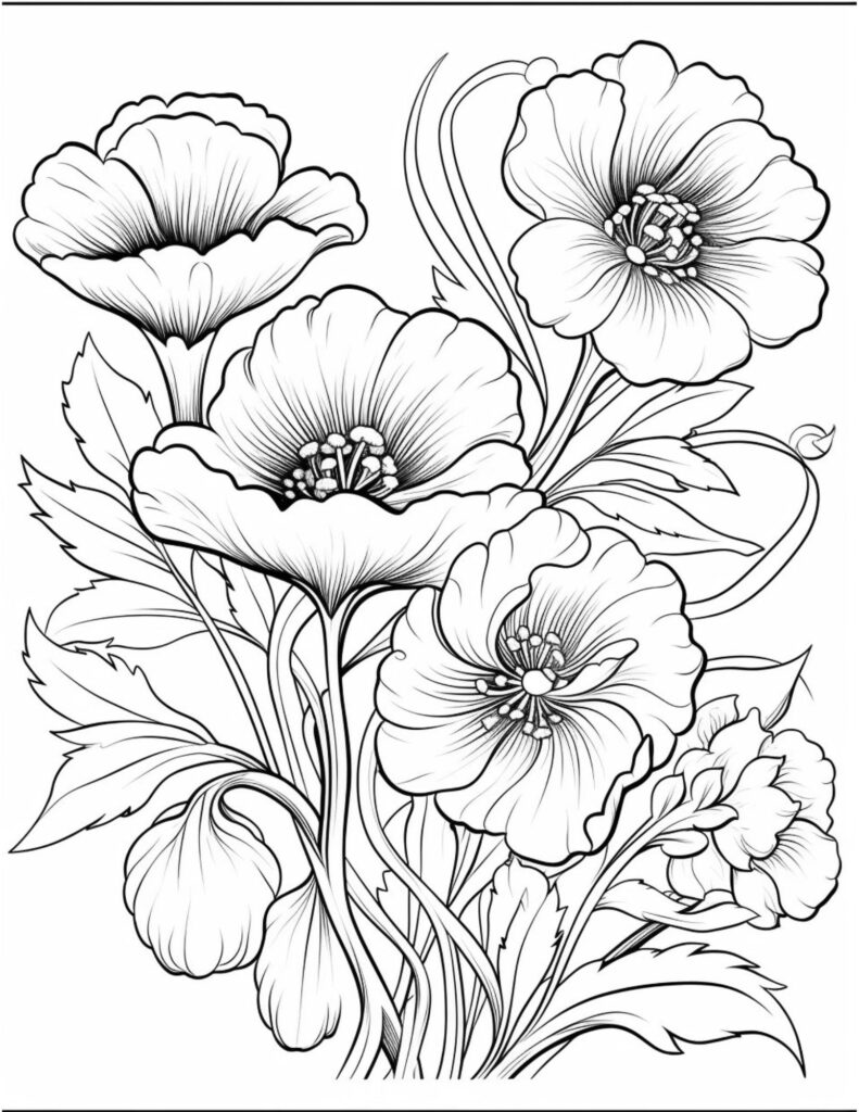 Black and white line drawing of blooming flowers and leaves