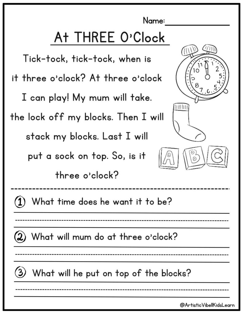Children’s worksheet about three o’clock with clock and sock drawings