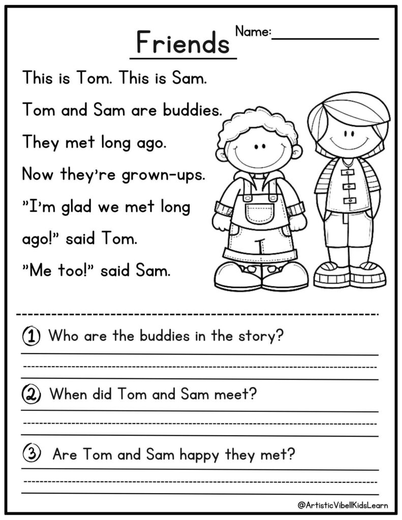 Printable worksheet about Tom and Sam friends story