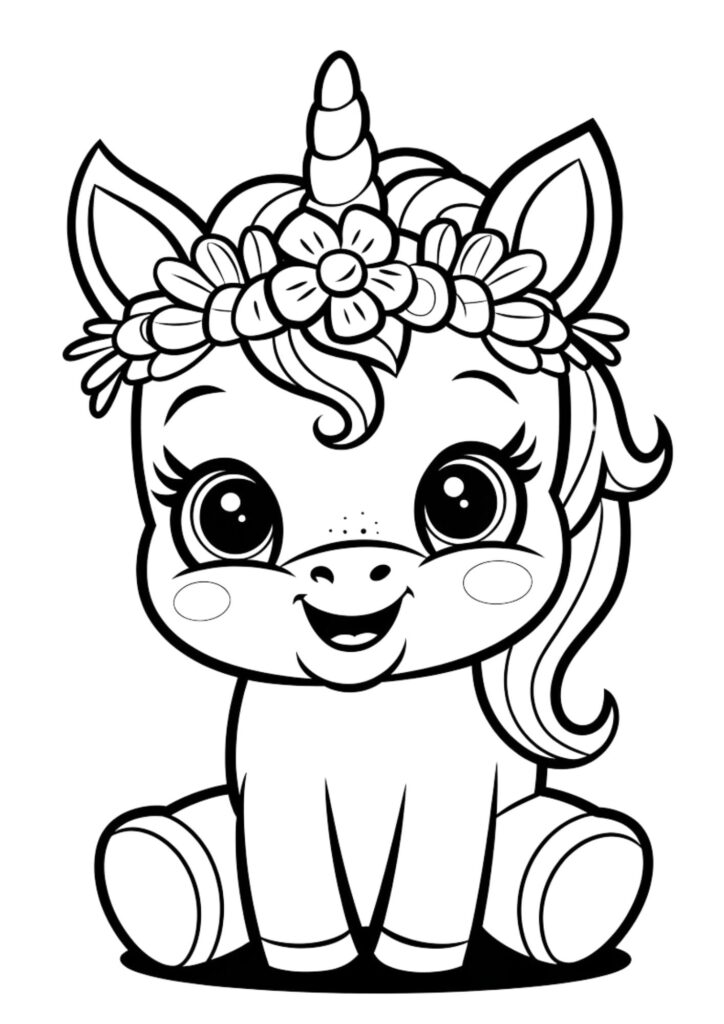 Cute cartoon unicorn with flower crown, sitting front-facing