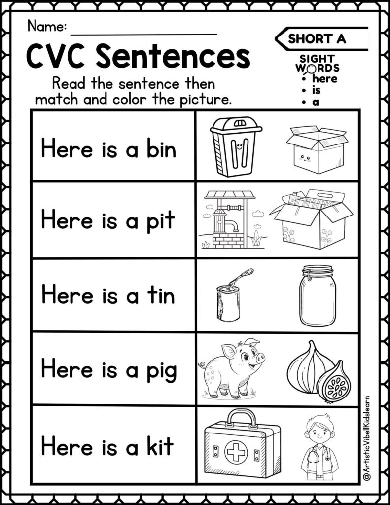 Black-and-white CVC sentences worksheet with picture choices