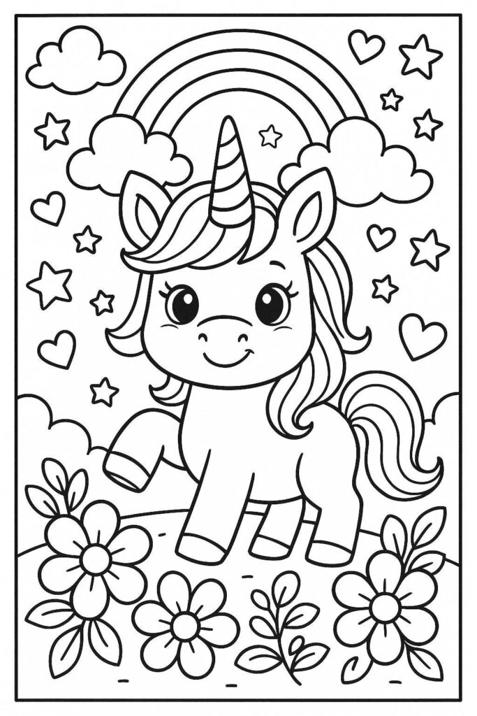 Unicorn coloring page with rainbow, stars, clouds, flowers