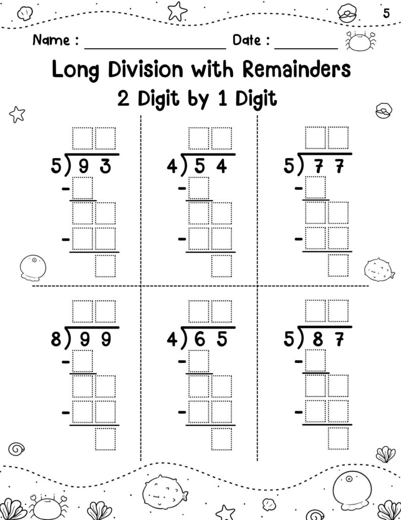 Long division worksheet with six problems and blank boxes