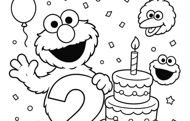 Sesame Street birthday coloring page with number two and cake