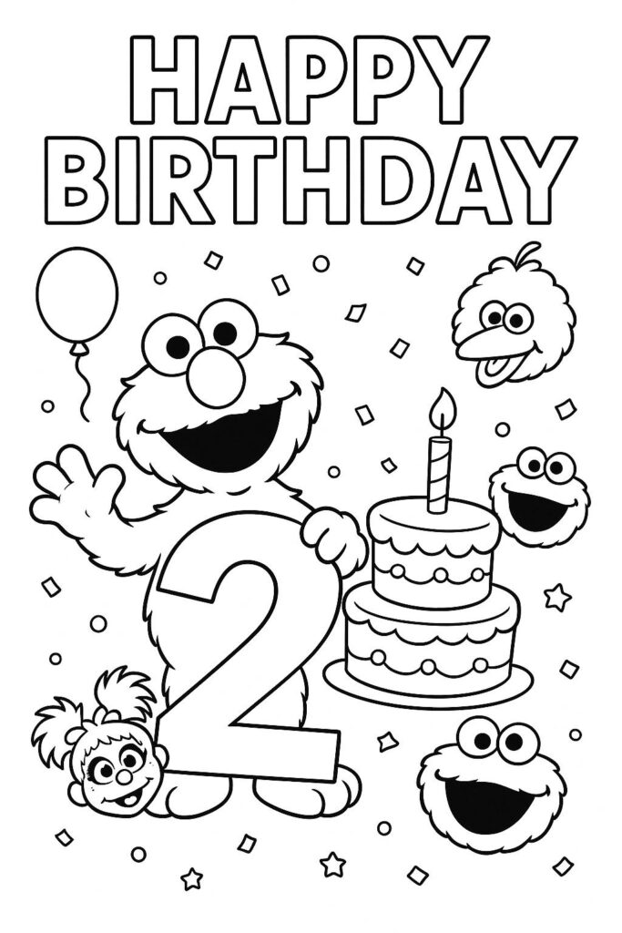 Sesame Street birthday coloring page with number two and cake