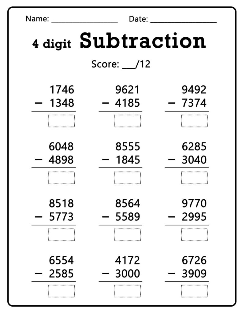 Printable 4-digit subtraction worksheet with twelve problems
