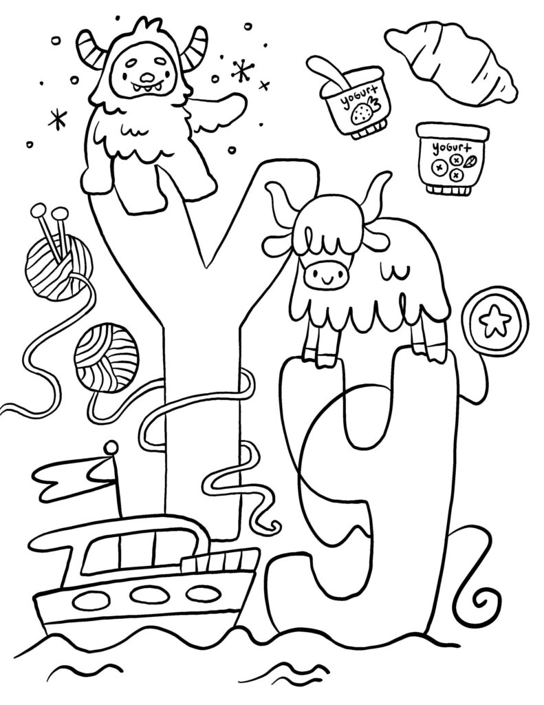 Letter Y coloring page with yeti, yarn, yogurt, and yaks
