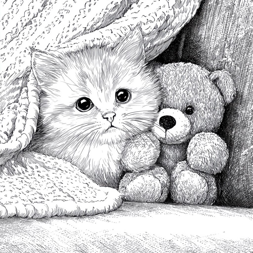 Kitten cuddling teddy bear under fluffy blanket