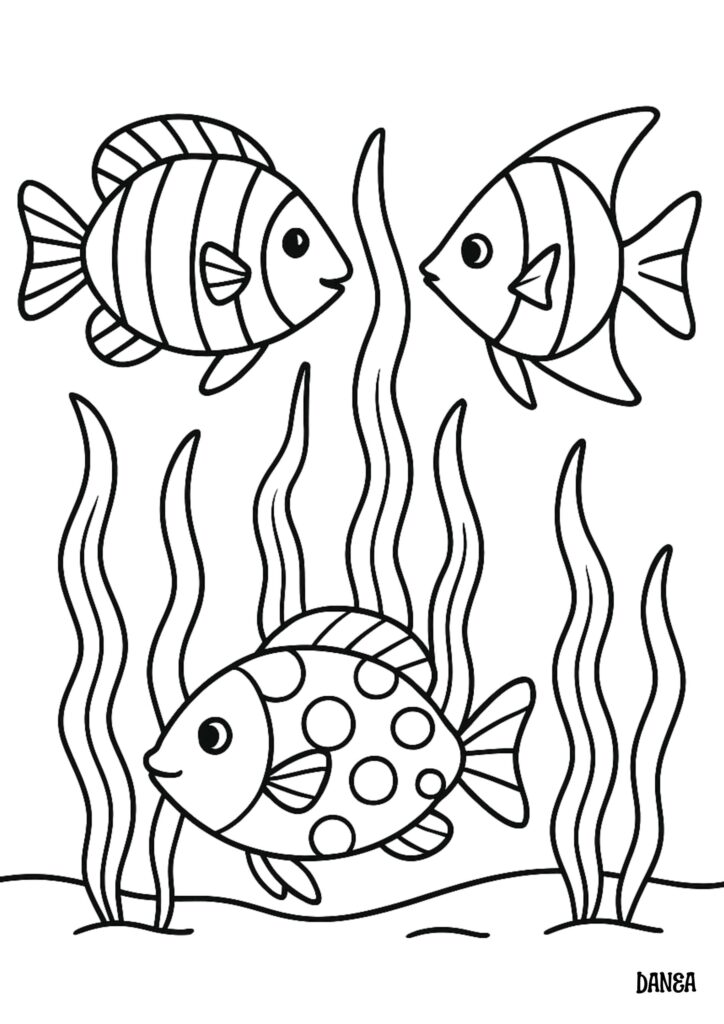 Three cartoon fish swimming among seaweed