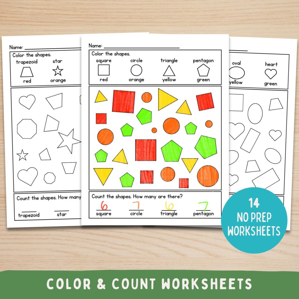 Three shape coloring worksheets on wooden table, one colored