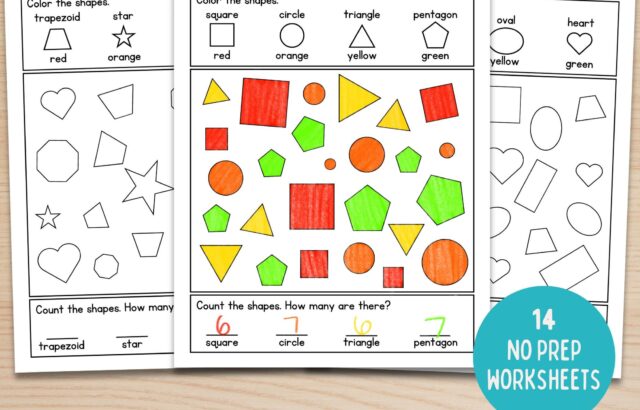 Three shape coloring worksheets on wooden table, one colored