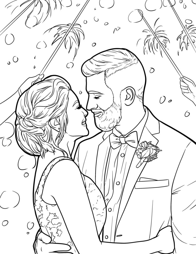 Bride and groom embracing under confetti streamers