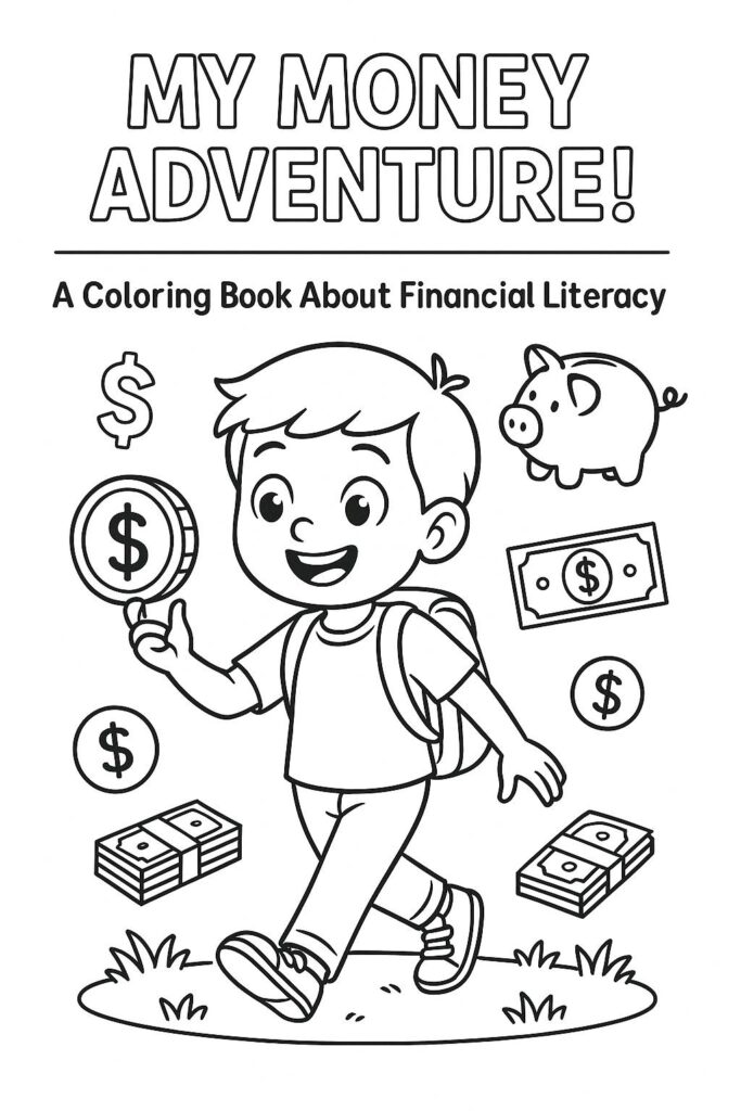 Coloring book cover with boy and money icons