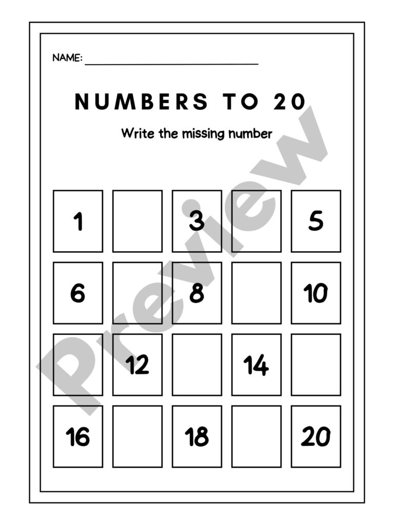Printable number worksheet with missing boxes and numbers to 20