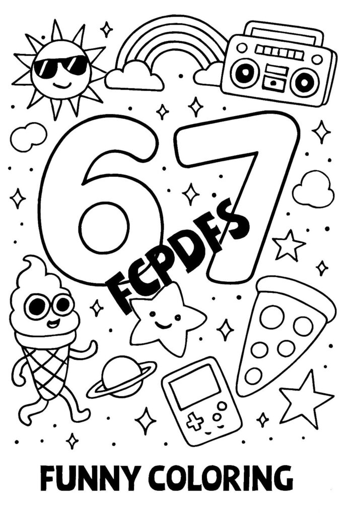 67 coloring page with playful space doodles
