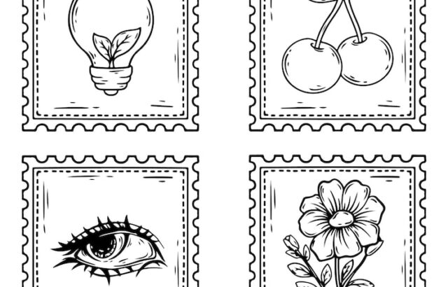 Four decorative postage stamp drawings: lightbulb, cherries, eye, flower