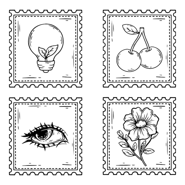 Four decorative postage stamp drawings: lightbulb, cherries, eye, flower
