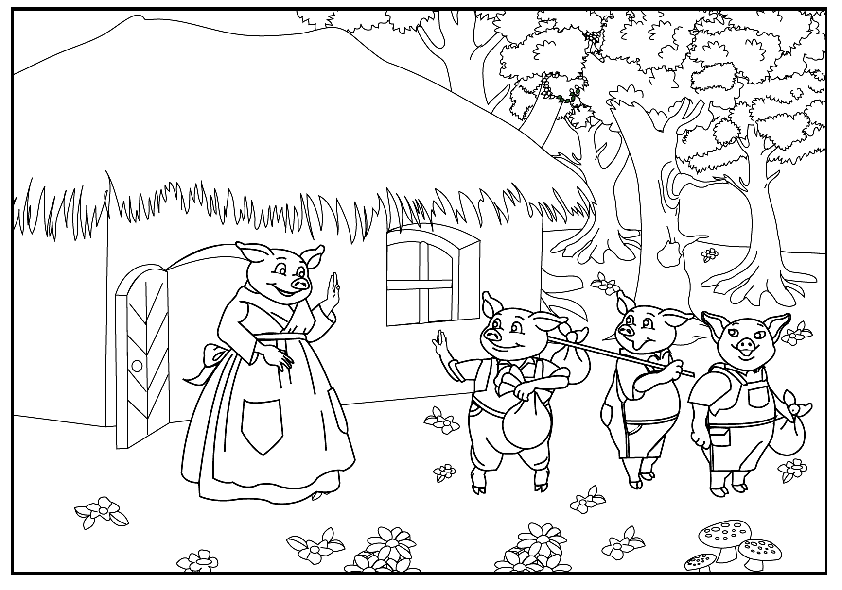 Three pigs and mother pig outside hut in forest