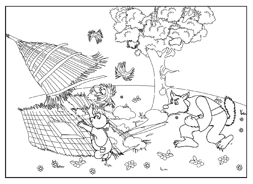 Wolf blowing down a straw house with pig and tree