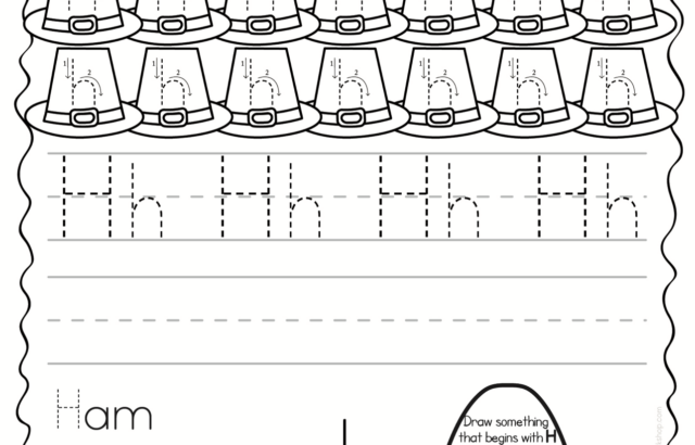 Thanksgiving ABC tracing worksheet with hats and ham