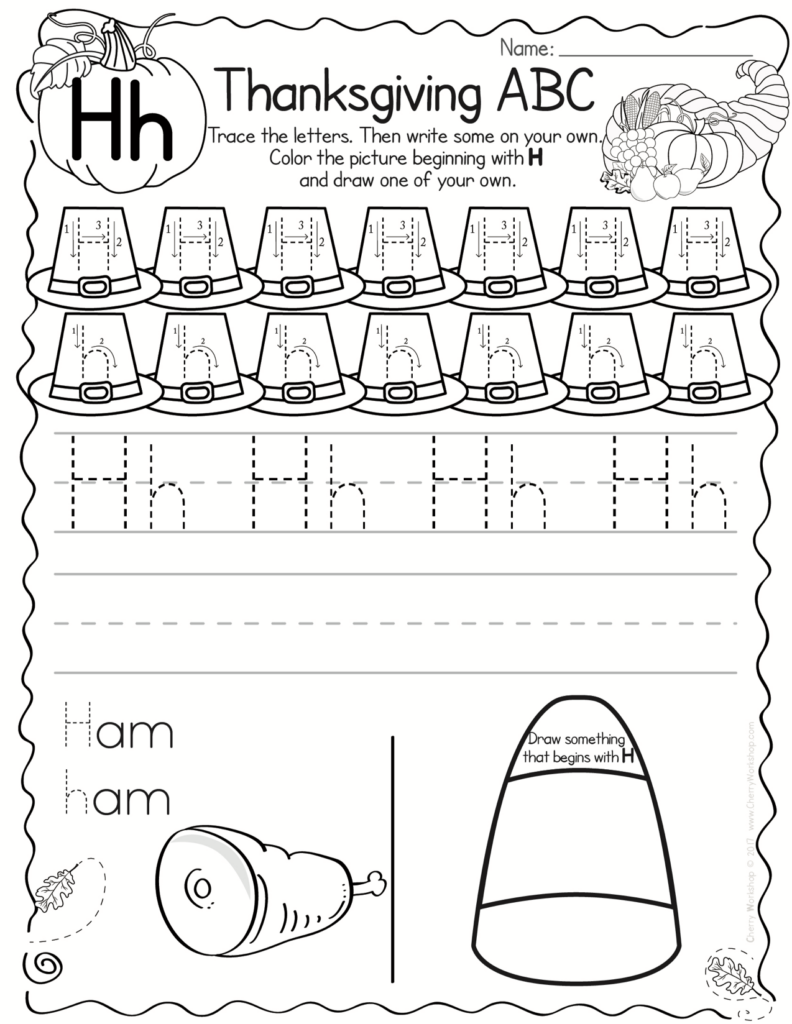 Thanksgiving ABC tracing worksheet with hats and ham