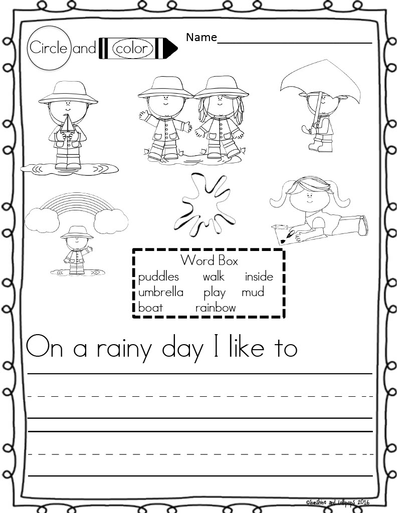 Rainy-day worksheet with children and word box