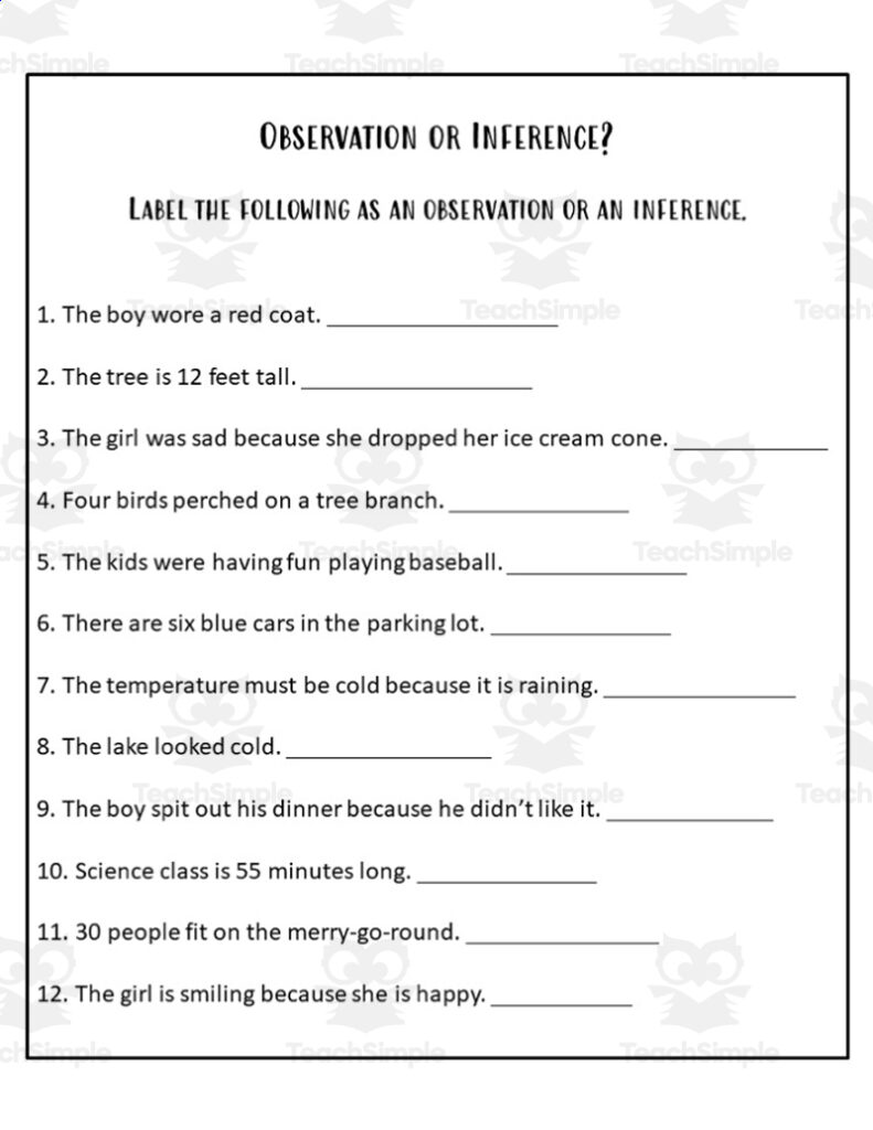 Observation or inference worksheet with numbered statements