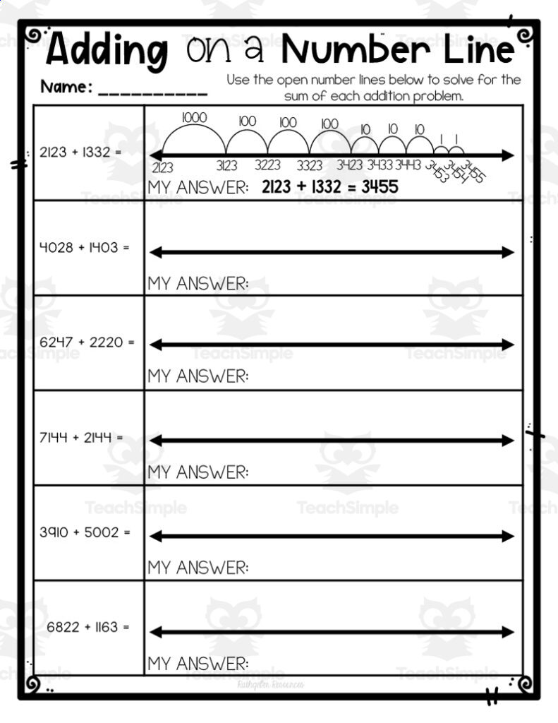 Math worksheet with addition problems and number lines