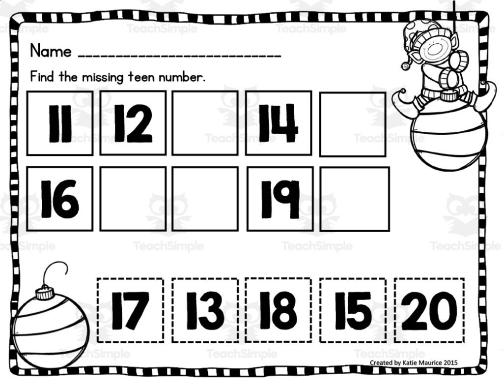 Teen number worksheet with numbered boxes and ornaments