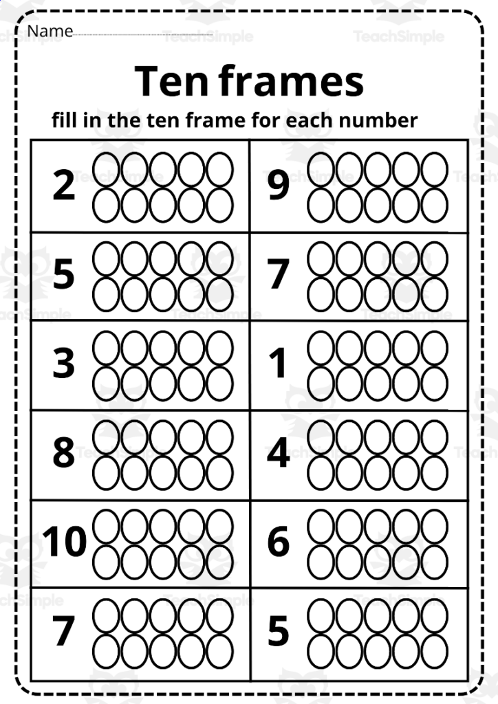 Printable ten-frame math worksheet with numbered grids