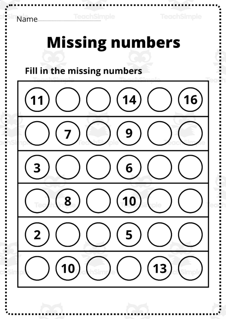 Printable missing numbers worksheet with circles and numbers