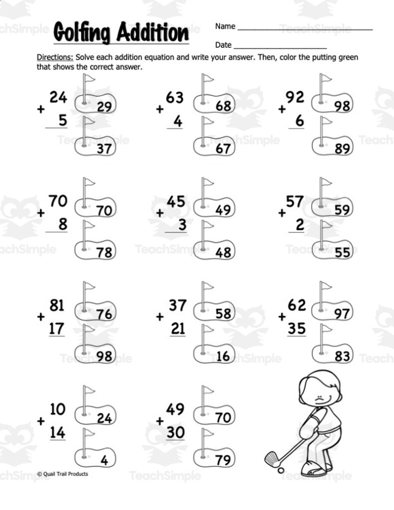 Golfing addition worksheet with putting green answer choices