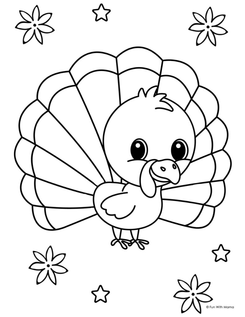 Cartoon turkey coloring page with stars and flowers