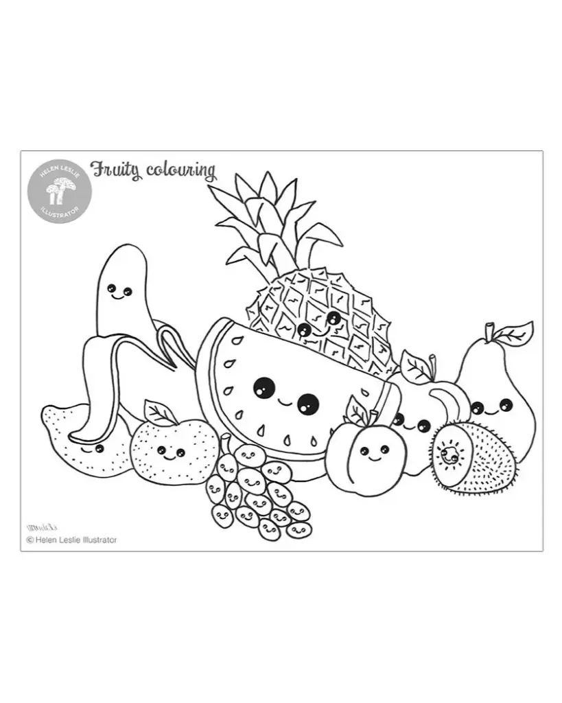 Cute fruit coloring page with smiling fruit characters