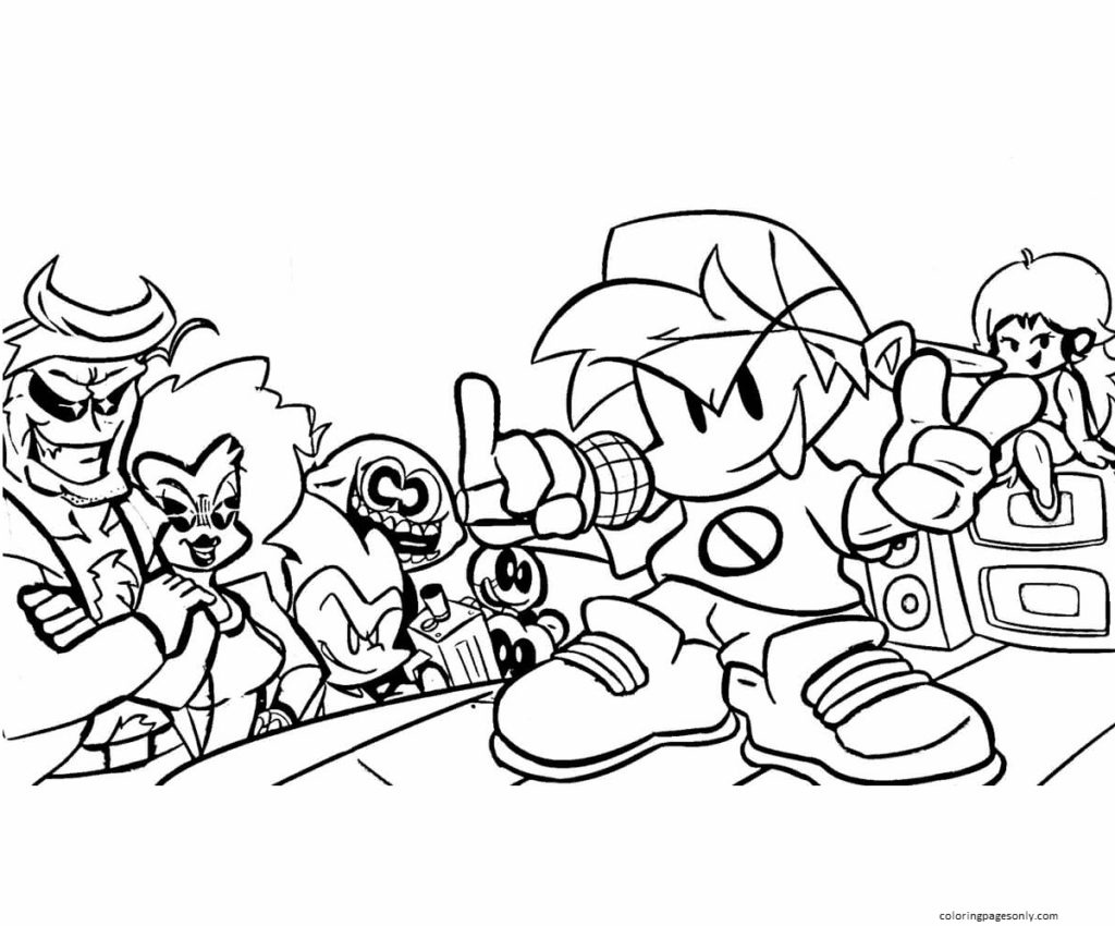 Black-and-white cartoon characters surrounding a boy with microphone